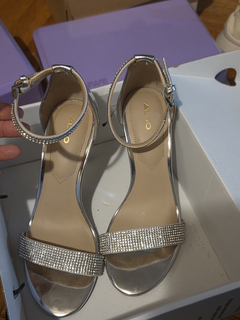 ALDO Silver Crystal Ankle-Strap Heeled Sandals